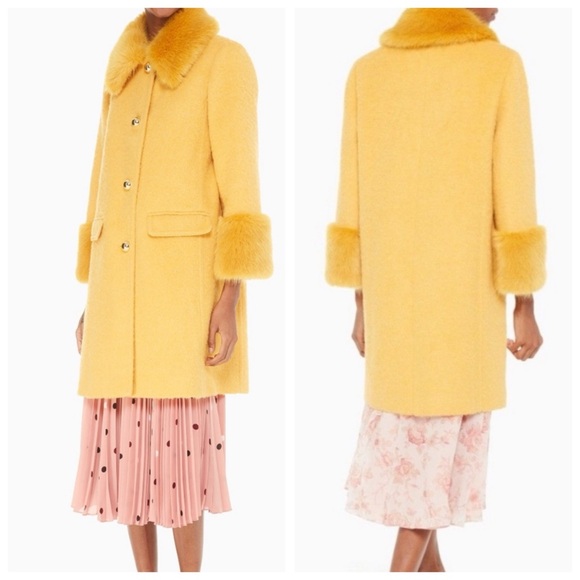Kate Spade Fluffy Wool Faux Fur Trim Yellow Coat - Picture 10 of 10